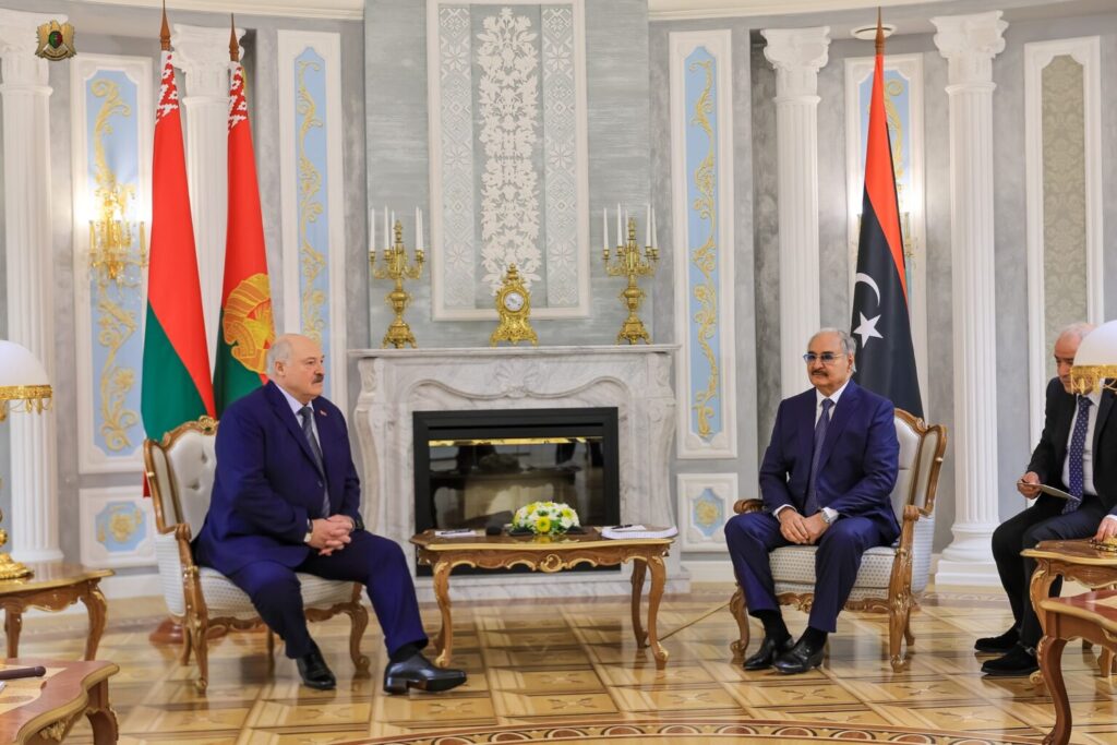 LNA’s Commander Field Marshal Khalifa Haftar, Right, meets the Belarusian President Aleksandr Lukashenko in Minsk, 18 February 2025. (LNA photo)