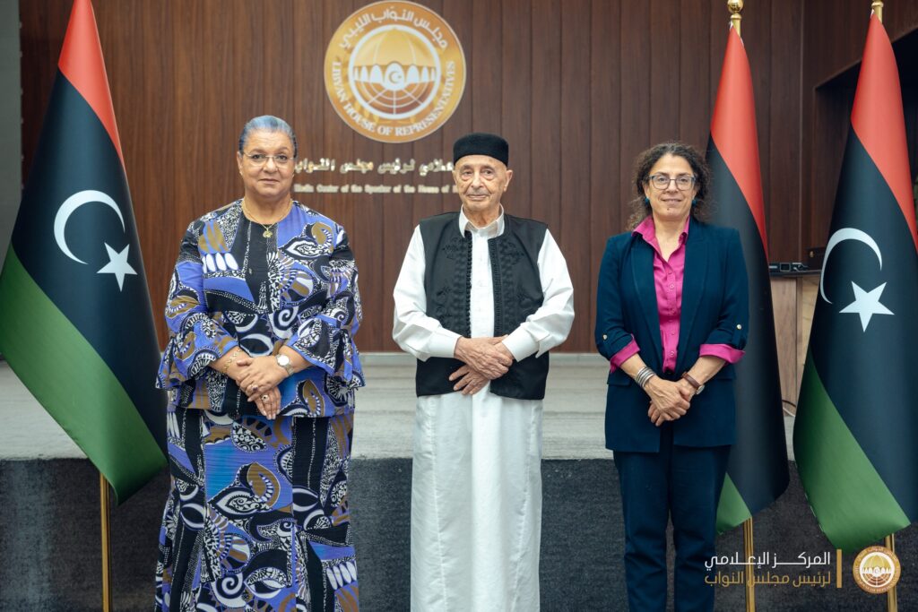 Speaker of Parliament Agila Saleh, center, meeting with the Special Representative of the Secretary-General and Head UNSMIL, Ms. Hanna Tetteh, Left, and her Deputy, Ms. Stephanie Khoury, 12 May 2025. (Libyan Parliament photo)