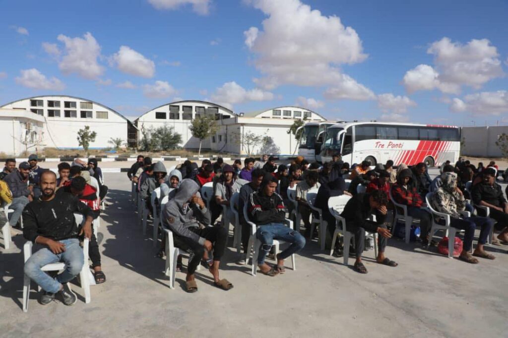 Illegal migrants waiting at Benghazi International Airport to take flight to Bangladesh, 1 May 2025. (Migration Authority photo)