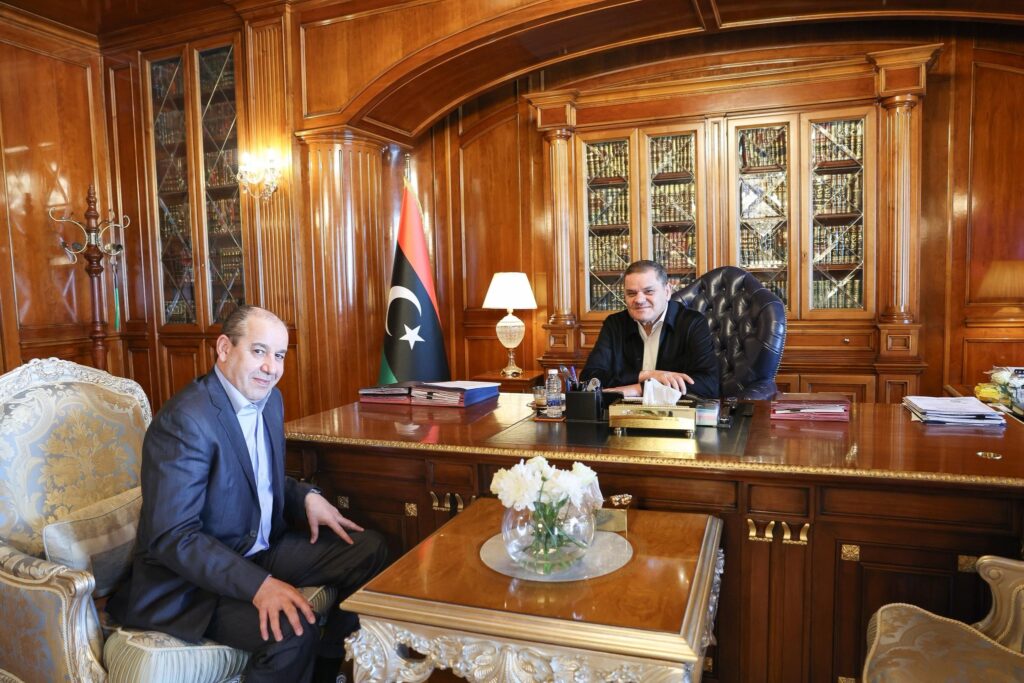 PM Abdulhamid Dbeibeh, R, and Brigadier General Mustafa Ali al-Wahishi who's appointed head of the Internal Security Service on Monday 13 May 2025. (GNU photo)