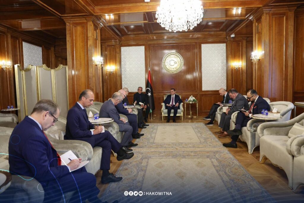 PM Dbeibeh meeting with the European Union Ambassador, the Italian Ambassador, the British Ambassador, the Greek Ambassador, and the French Deputy Ambassador, 19 May 2025. (GNU photo)