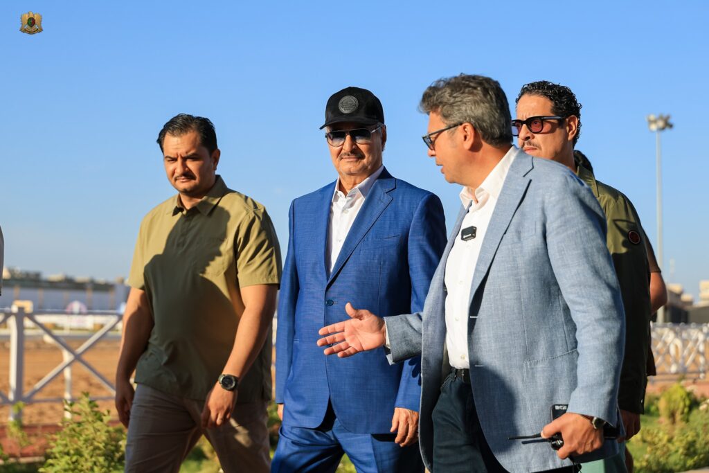 Commander-in-Chief of the (LA) Field Marshal Khalifa Haftar inspects preparations for upcoming Equestrian Championship that will take place in Benghazi on 23 and 24 May, 18 May 2025. (LNA photo)