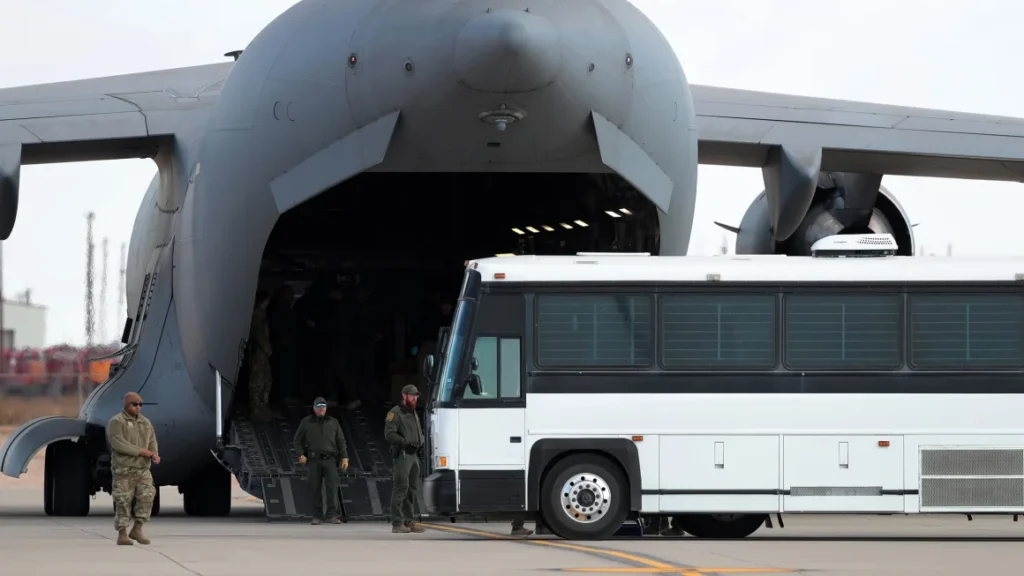 In this January 30 photo, migrants are deported using a US military plane in El Paso, Texas. (Getty Images file photo)