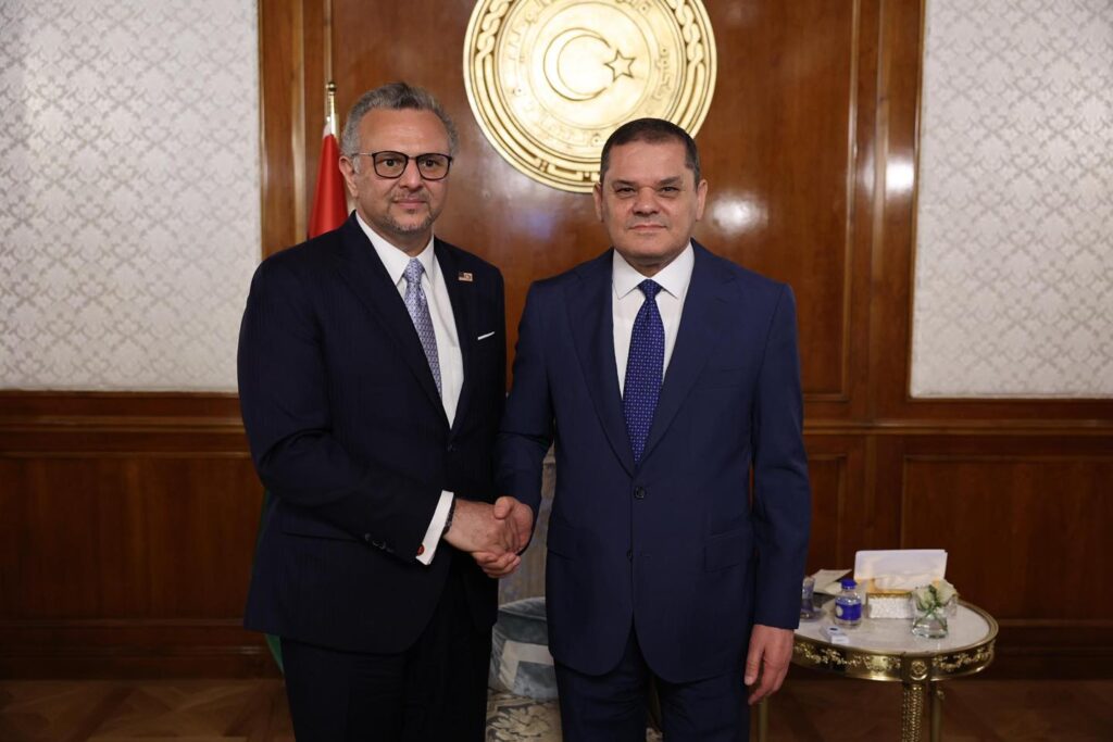 PM Abdulhamid Dbeibeh, Right, meets with US Senior Advisor for Africa Massad Boulos in Tripoli, 23 July 2025. (GNU photo)