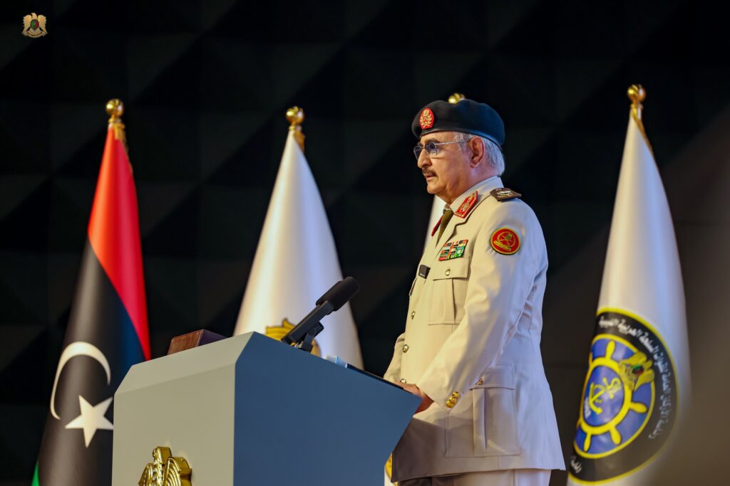 Commander of the LNA Field Marshal Khalifa Haftar speaking to hundreds of Libyan military officers during a celebration of the 85th anniversary of the establishment of the Libyan army, 9 August, 2025. (LNA photo)