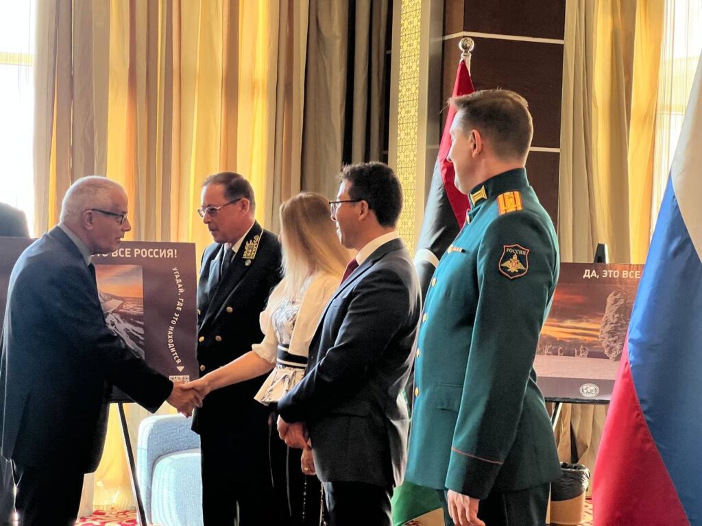 The Russian Ambassador to Libya, Haidar Aghanin, and embassy officials are welcoming the guests to the reception in commemoration of the 70th Anniversary of the establishment of Libyan-Russian diplomatic relations, 4 September 2025. (Russian Embassy photo)