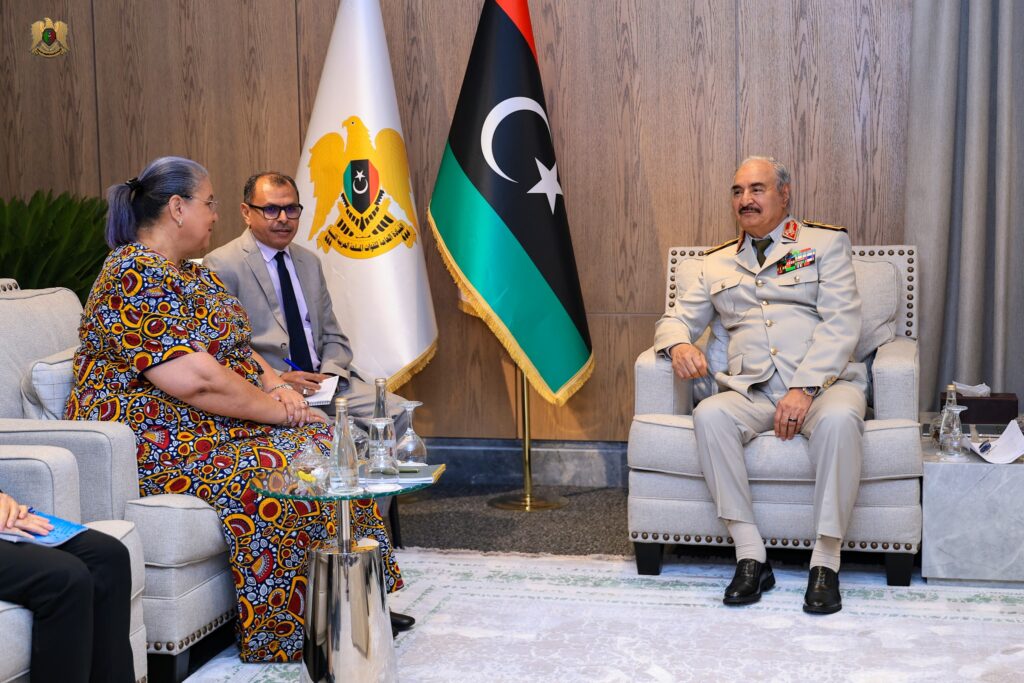 Commander-in-Chief of the Armed Forces, Field Marshal Khalifa Haftar, Right, meets UN Special Representative of the Secretary-General for Libya Hanna Tetteh in Benghazi, 7 September 2025. (LNA photo)