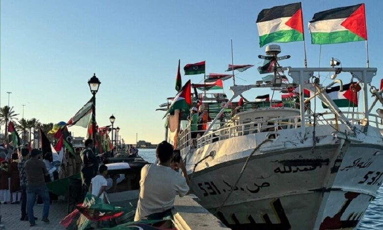 Omar Al-Mukhtar boat departs Tripoli seaport to join the Global Resilience Flotilla to break Israeli blockade on Gaza, 21 September 2025. (Internet photo)
