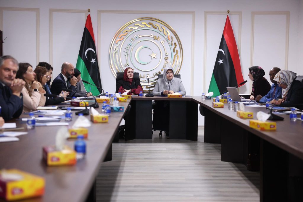 Minister of State for Women's Affairs Ms. Houria Al-Tarmal and the Minister of Justice Ms. Halima Al-Bousifi announcing the findings of the HNEC report on cyber violence against women election candidates, 4 December 2025. (GNU photo)