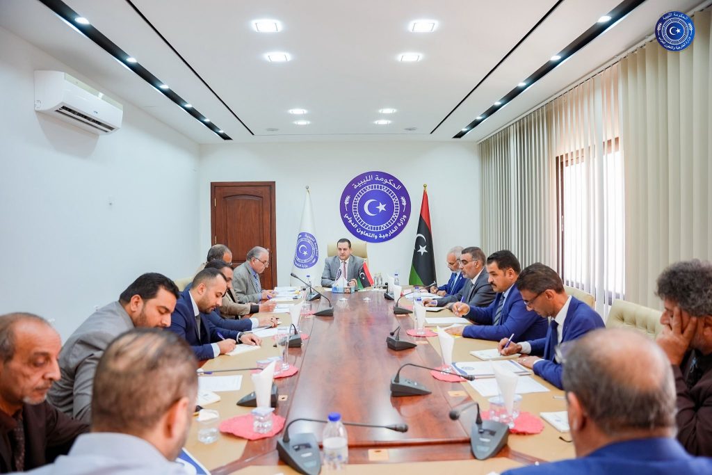FM Abdulhadi Al-Hawaij, center, during a meeting with heads of departments at the Foreign Ministry and International Cooperation's headquarters in Benghazi, 29 April, 2026. (Foreign Ministry photo)