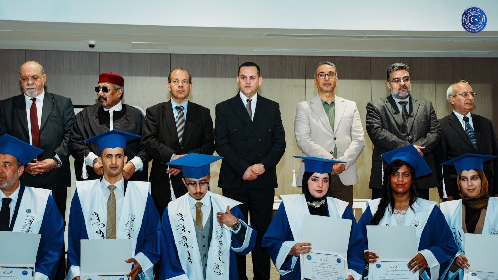 FM Abudlhadi Hawaij, center, attending the graduation ceremony of new diplomats at the Institute of Diplomatic Studies in Benghazi, 5 May 2026. (FM photo)