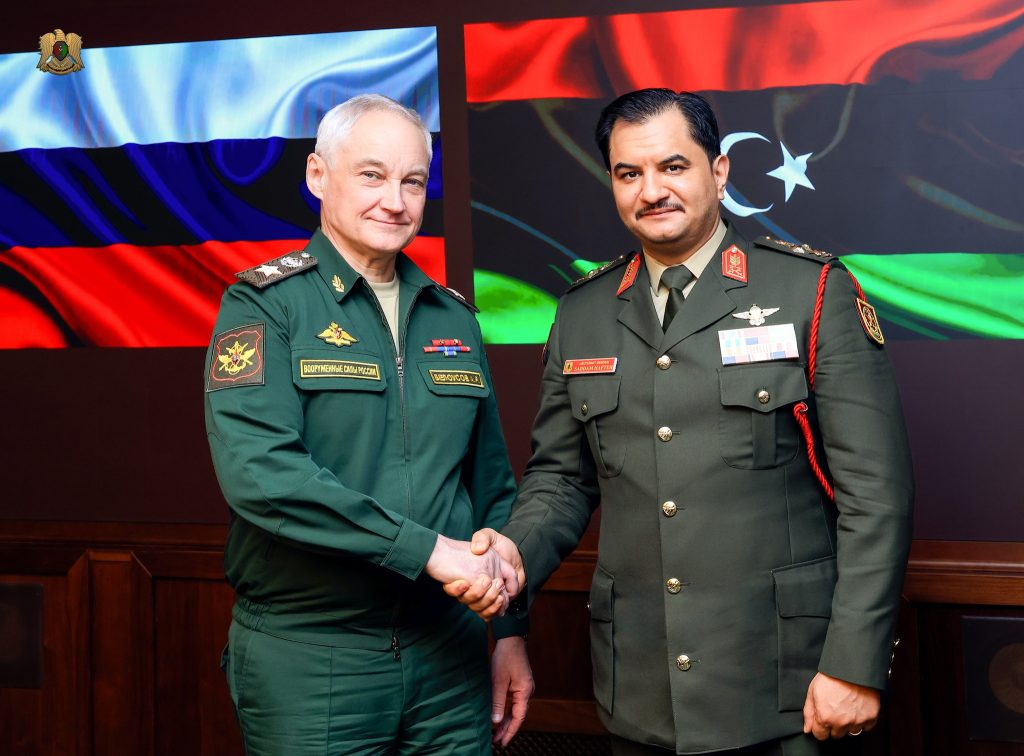 Deputy Commander of the Libyan National Army (LNA), Lieutenant General Saddam Haftar, Right, meets Russia Defense Minister Mr. Andrey Belousov in Moscow, 13 May 2026. (LNA photo)